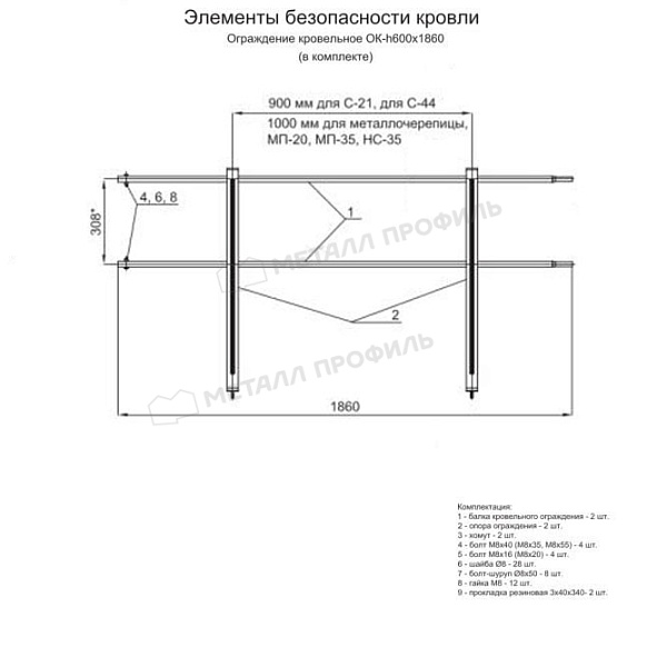 Ограждение кровельное ОК-h600х1860 мм (1017) ― приобрести по приемлемой стоимости (3877.5 ₽) в Ставрополе.